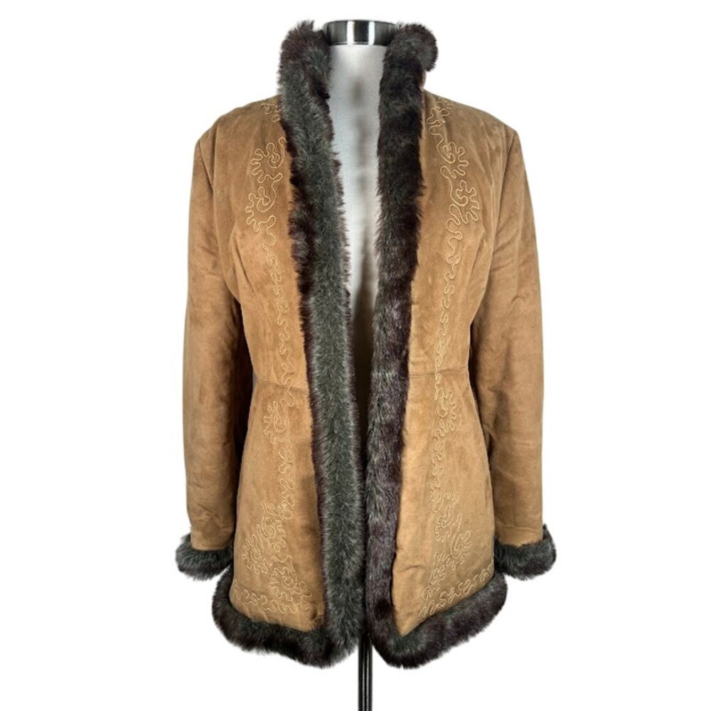 Koton Women's Embroidered Fur Trim Faux Suede Long Coat Brown Warm Outdoor